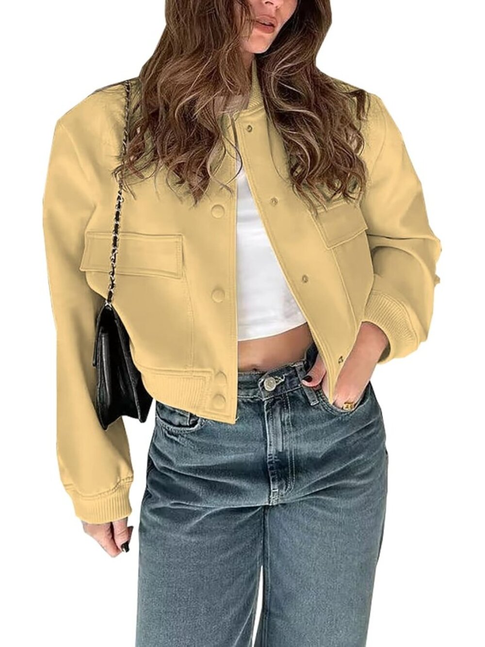 Womens Yellow Polyester Button Down Long Sleeve Aviator Pocket Bomber Jackets